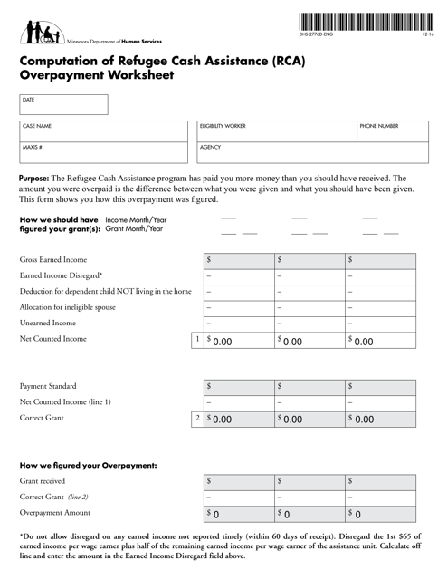 Form DHS-2776D-ENG Computation of Refugee Cash Assistance (Rca) Overpayment Worksheet - Minnesota