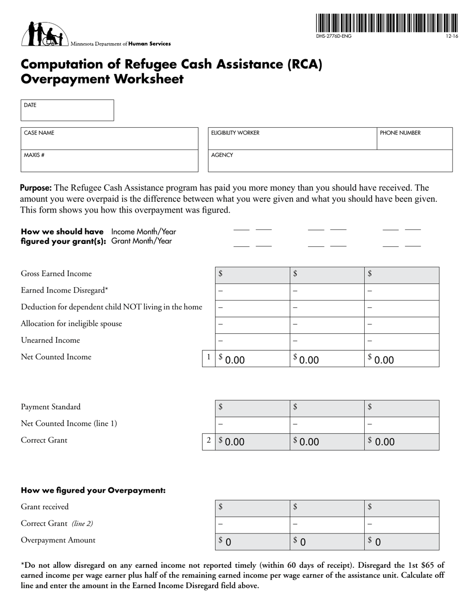 Form DHS-2776D-ENG Computation of Refugee Cash Assistance (Rca) Overpayment Worksheet - Minnesota, Page 1