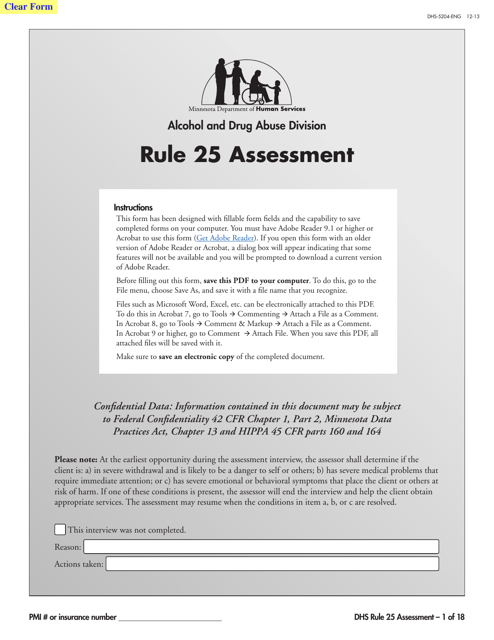 Form DHS-5204-ENG Rule 25 Assessment - Minnesota