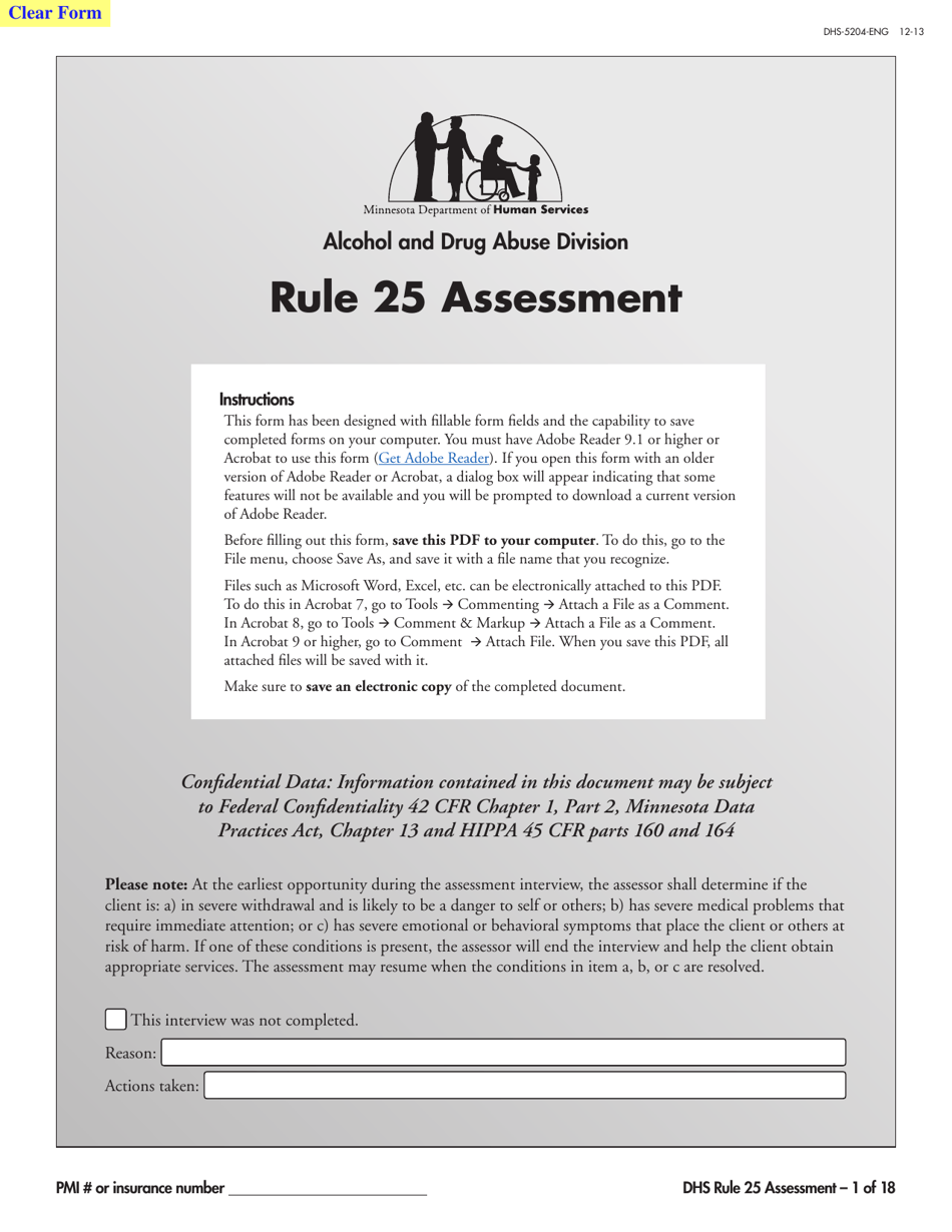 Form DHS-5204-ENG Rule 25 Assessment - Minnesota, Page 1