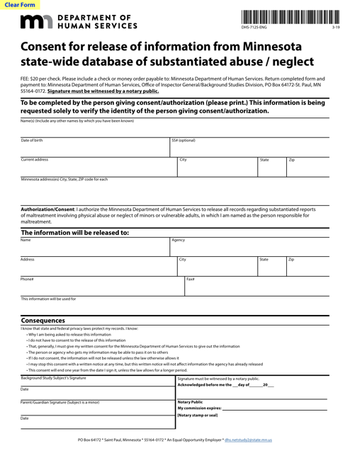 Form DHS-7125-ENG Consent for Release of Information From Minnesota State-Wide Database of Substantiated Abuse / Neglect - Minnesota