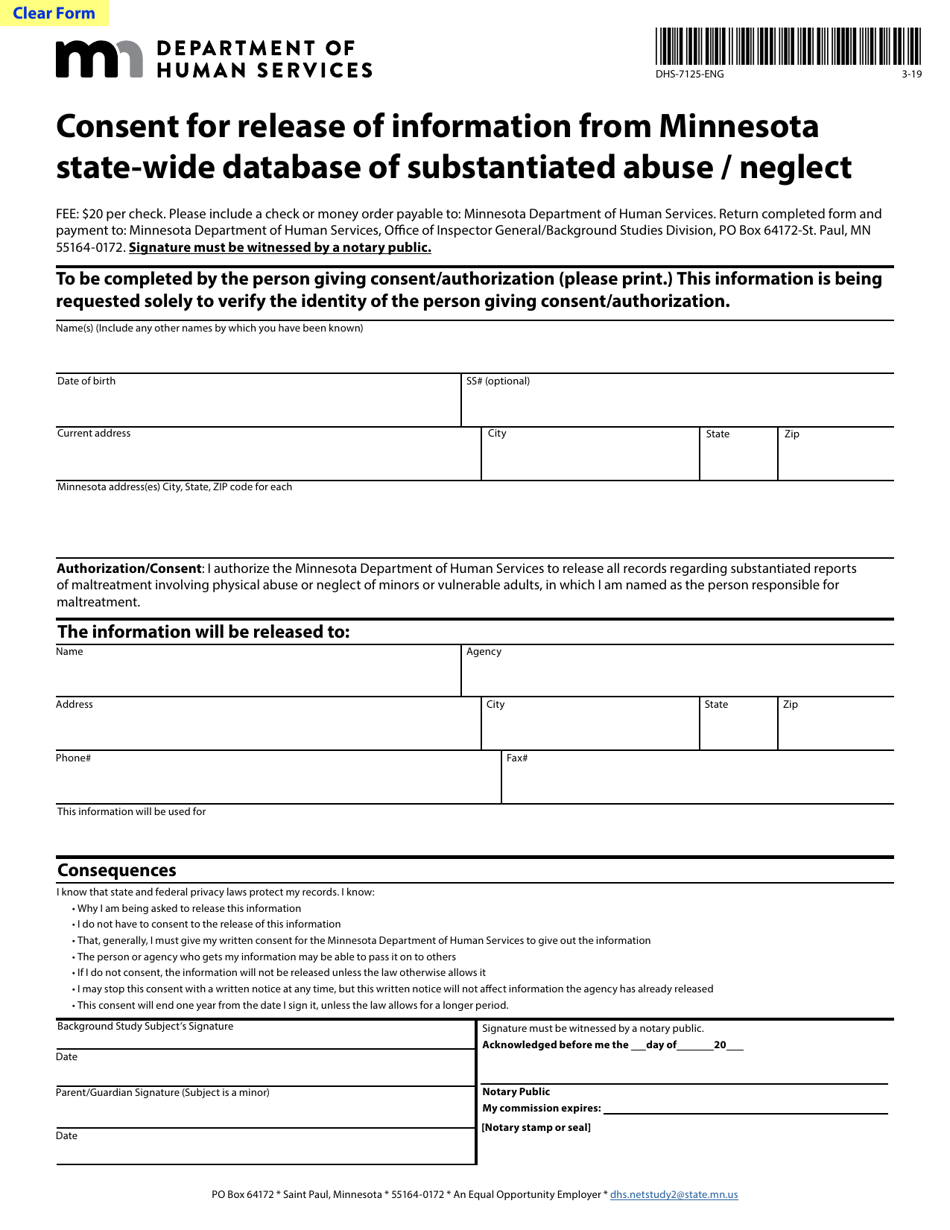 Form DHS-7125-ENG Consent for Release of Information From Minnesota State-Wide Database of Substantiated Abuse / Neglect - Minnesota, Page 1
