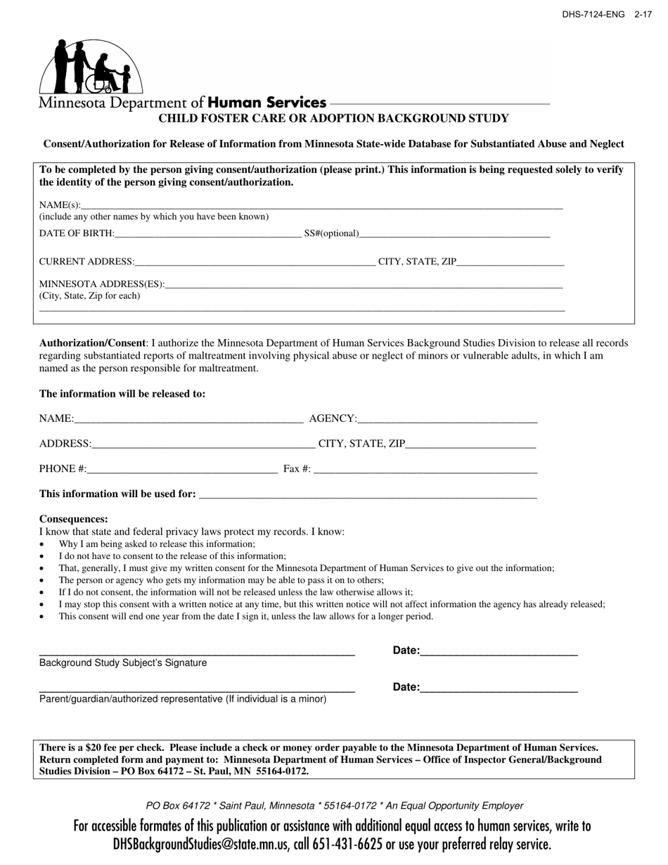 Form DHS-7124-ENG Child Foster Care or Adoption Background Study - Minnesota, Page 1