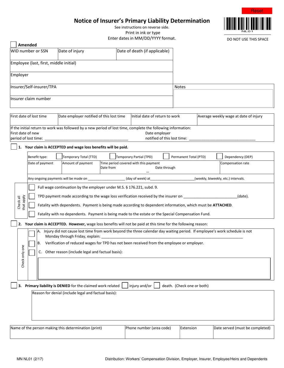 Form NL01 Notice of Insurers Primary Liability Determination - Minnesota, Page 1