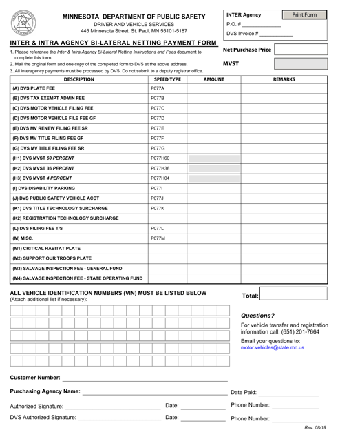 Inter & Intra Agency BI-Lateral Netting Payment Form - Minnesota Download Pdf