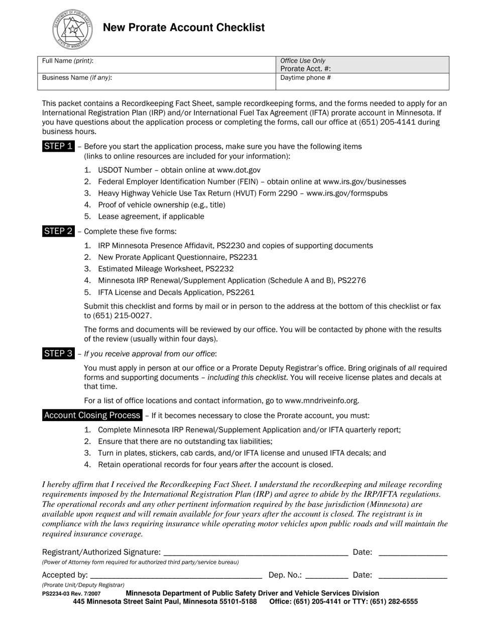 Form PS2234 New Prorate Account Checklist - Minnesota, Page 1