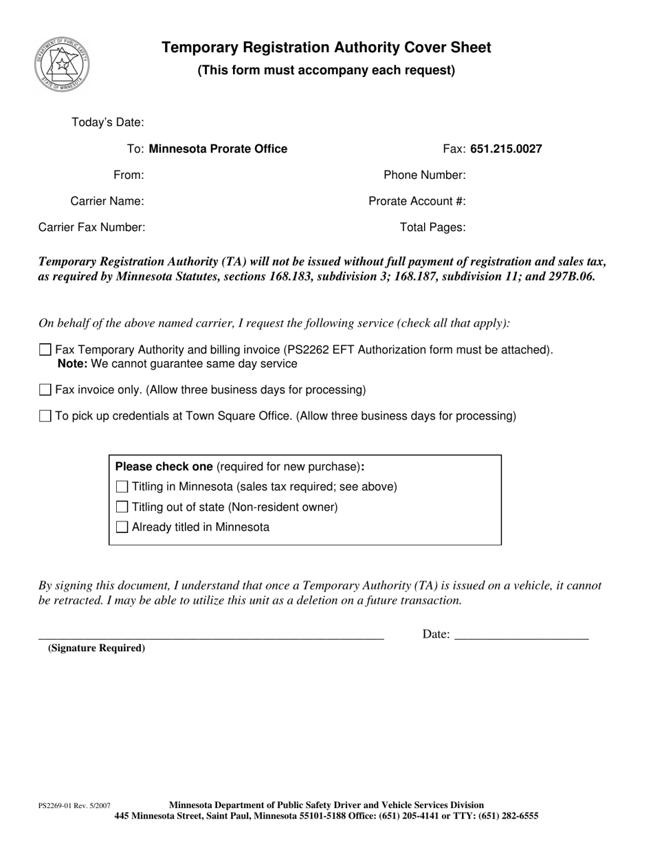 Form PS2269 Temporary Registration Authority Cover Sheet - Minnesota, Page 1