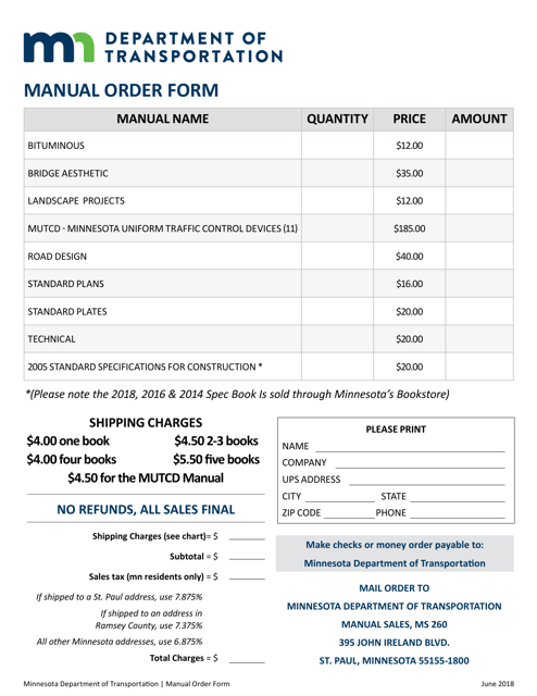 Manual Order Form - Minnesota Download Pdf