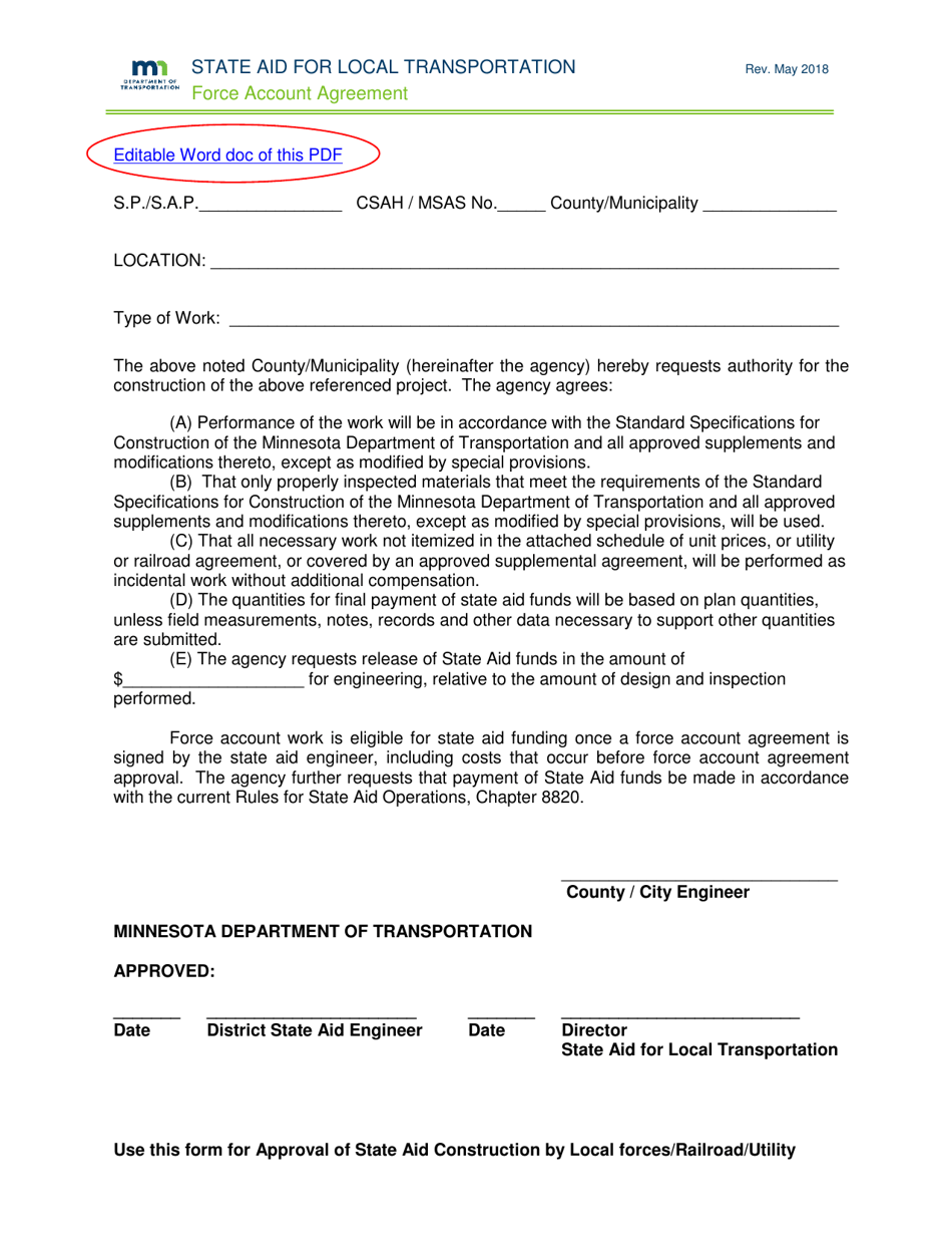 Force Account Agreement - Minnesota, Page 1