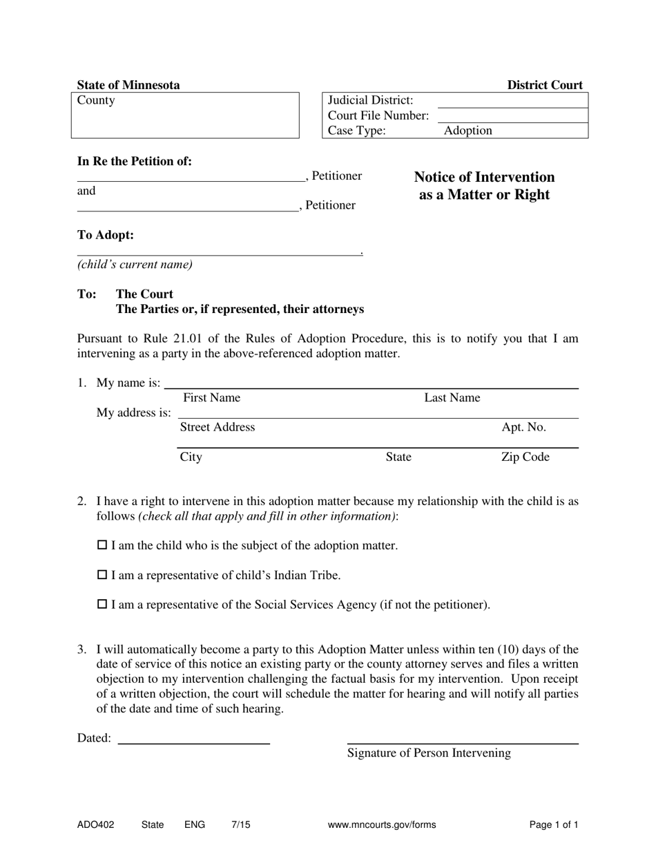 Form ADO402 Notice of Intervention as a Matter or Right - Minnesota, Page 1