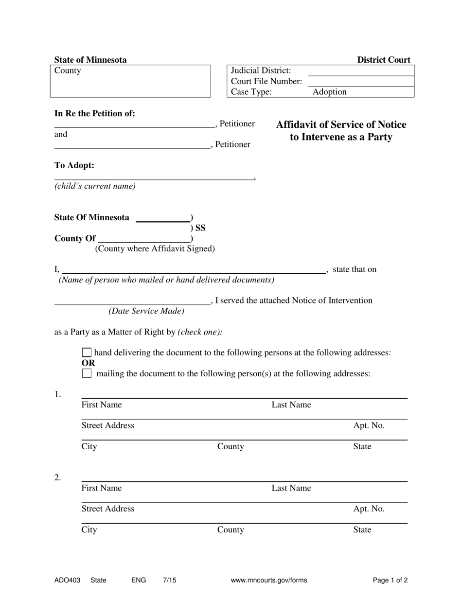 Form ADO403 Affidavit of Service of Notice to Intervene as a Party - Minnesota, Page 1