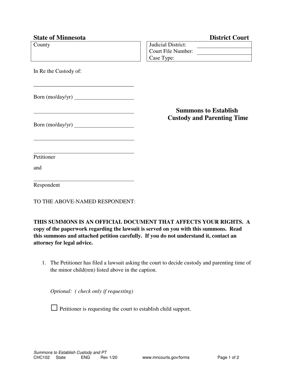 Form CHC102 Summons to Establish Custody and Parenting Time - Minnesota, Page 1