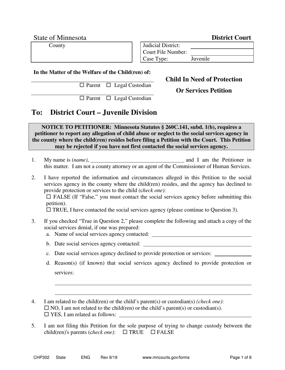 Form CHP302 Child in Need of Protection or Services Petition - Minnesota, Page 1