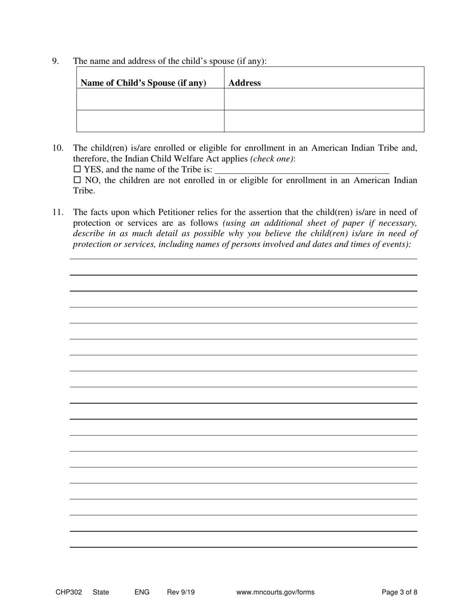 Form CHP302 Child in Need of Protection or Services Petition - Minnesota, Page 3