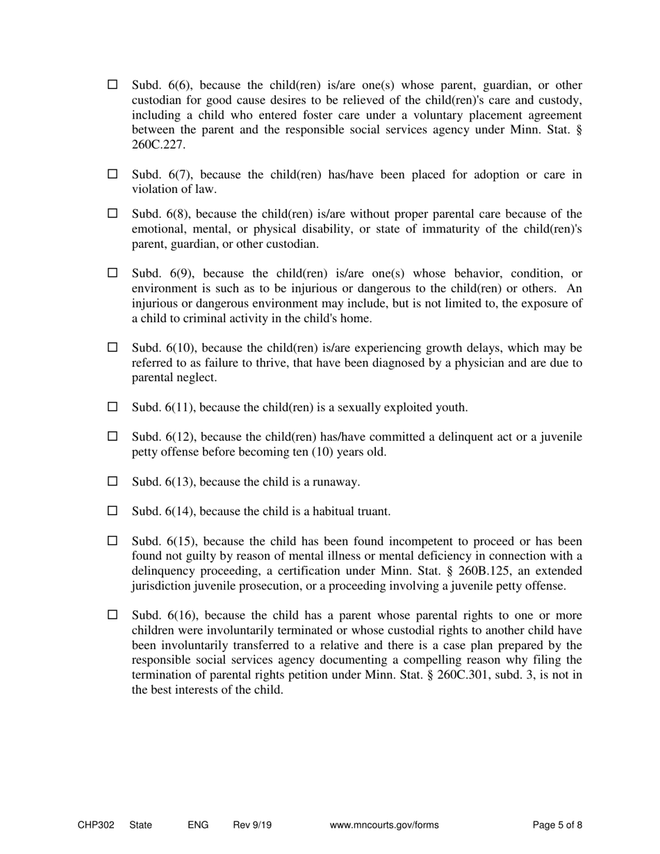 Form CHP302 Child in Need of Protection or Services Petition - Minnesota, Page 5