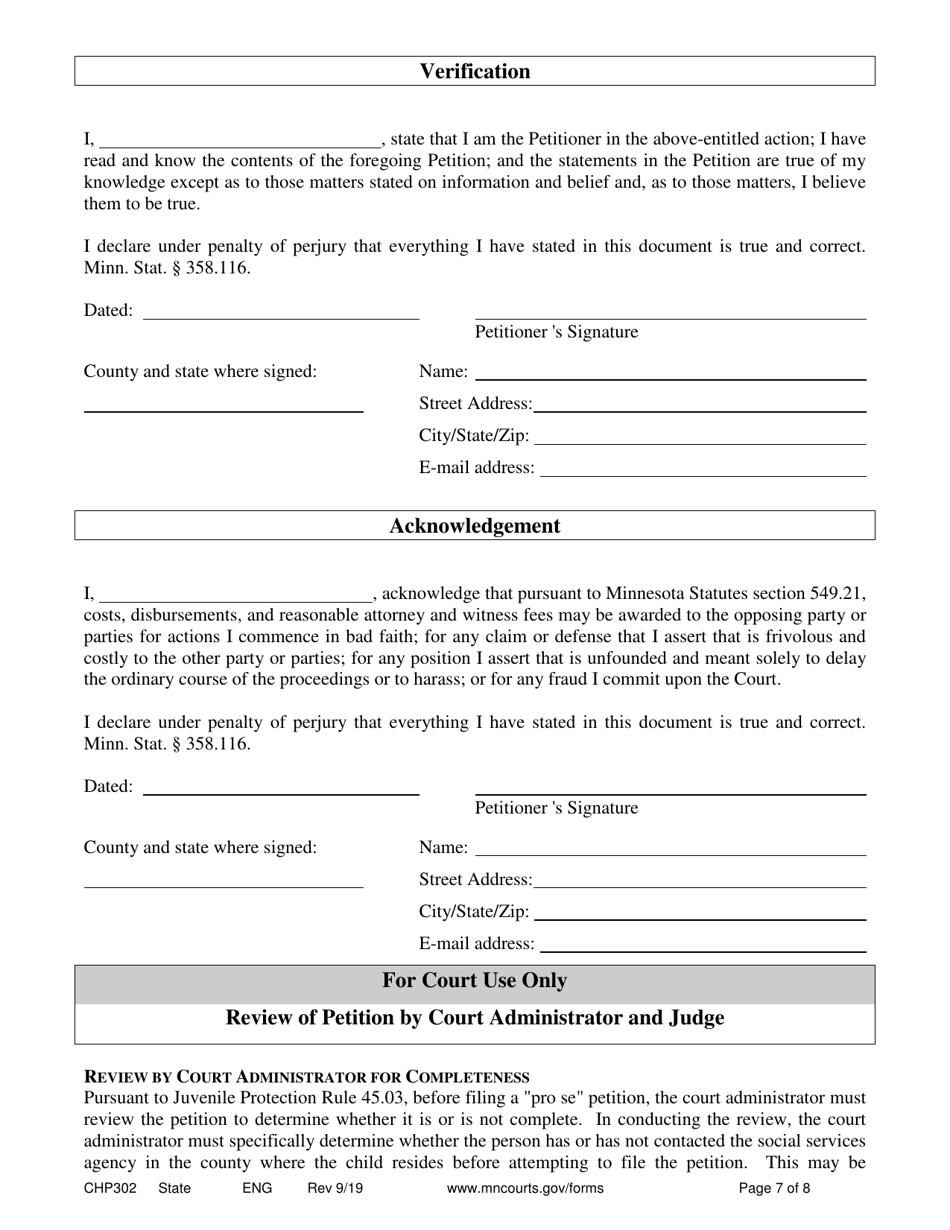 Form CHP302 Child in Need of Protection or Services Petition - Minnesota, Page 7