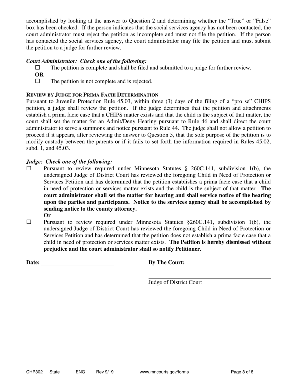 Form CHP302 Child in Need of Protection or Services Petition - Minnesota, Page 8