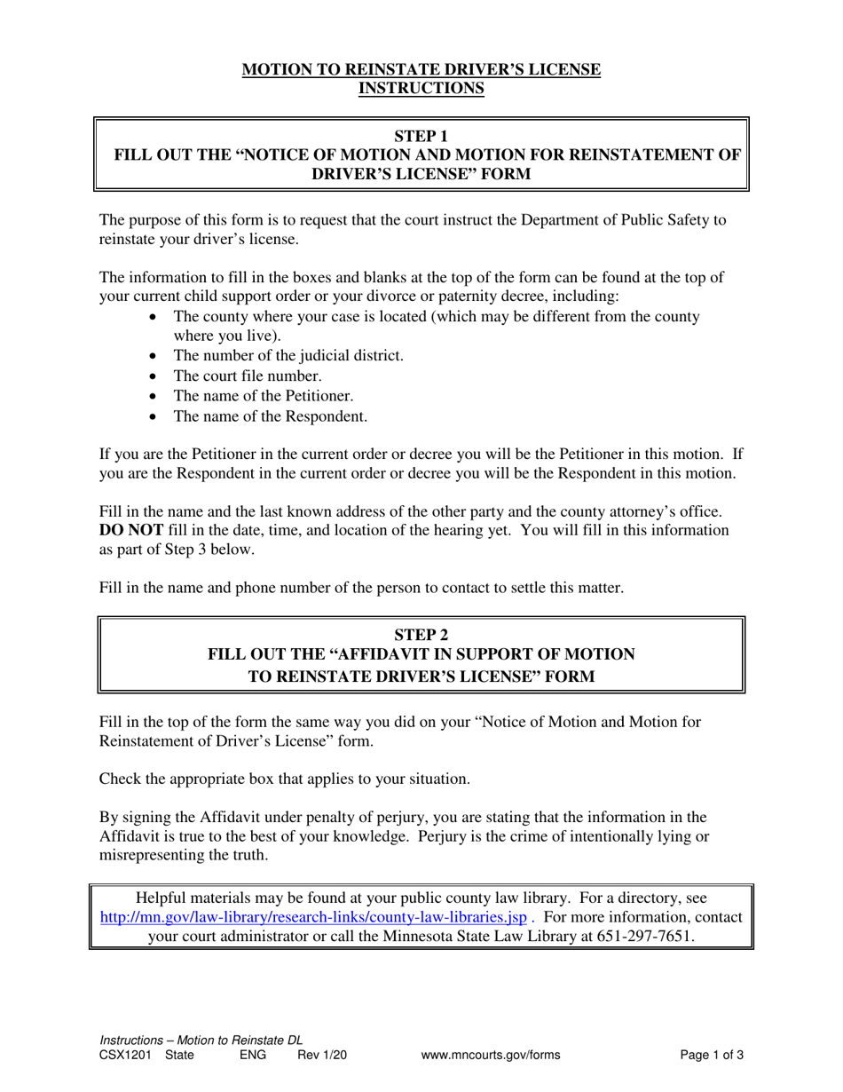 Instructions for Form CSX1202 Notice of Motion and Motion for Reinstatement of Drivers License - Minnesota, Page 1