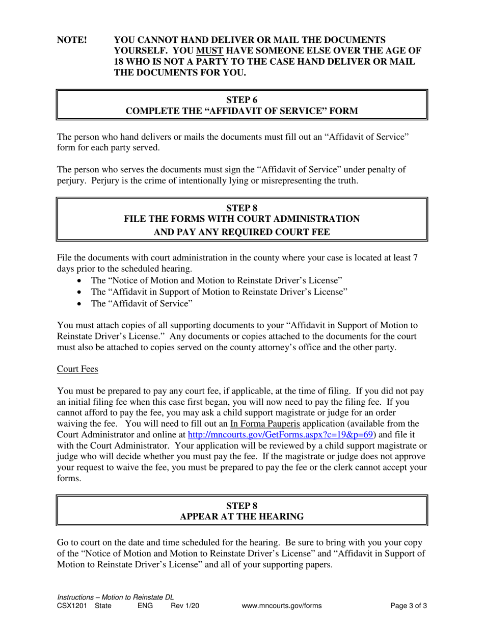 Instructions for Form CSX1202 Notice of Motion and Motion for Reinstatement of Drivers License - Minnesota, Page 3