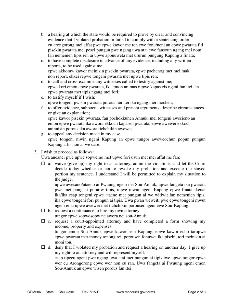 Form CRM206 Probation Violation or Violation of Sentencing Order Statement of Rights - Minnesota (English / Chuukese), Page 2