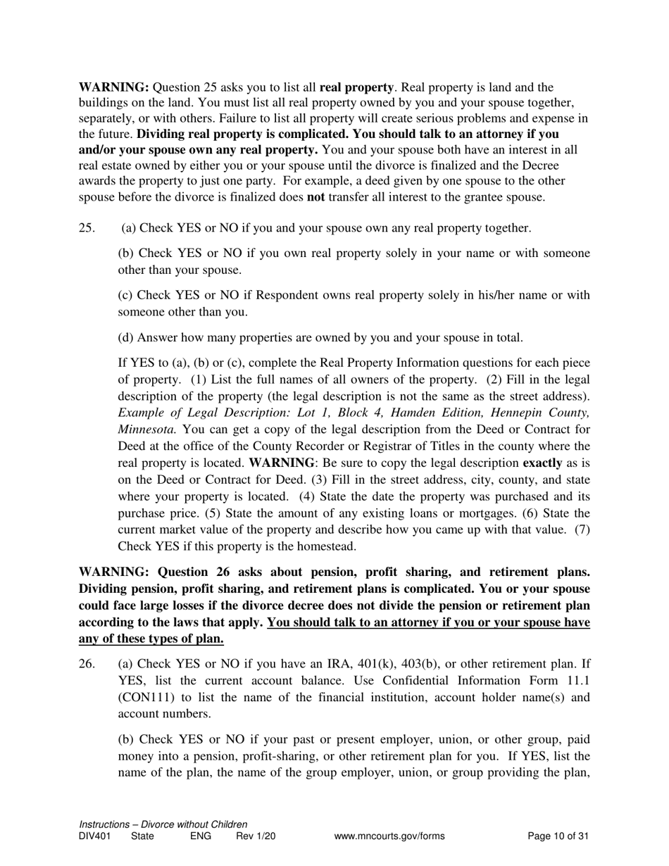 Instructions for Form DIV402 Petition for Dissolution of Marriage Without Children - Minnesota, Page 10