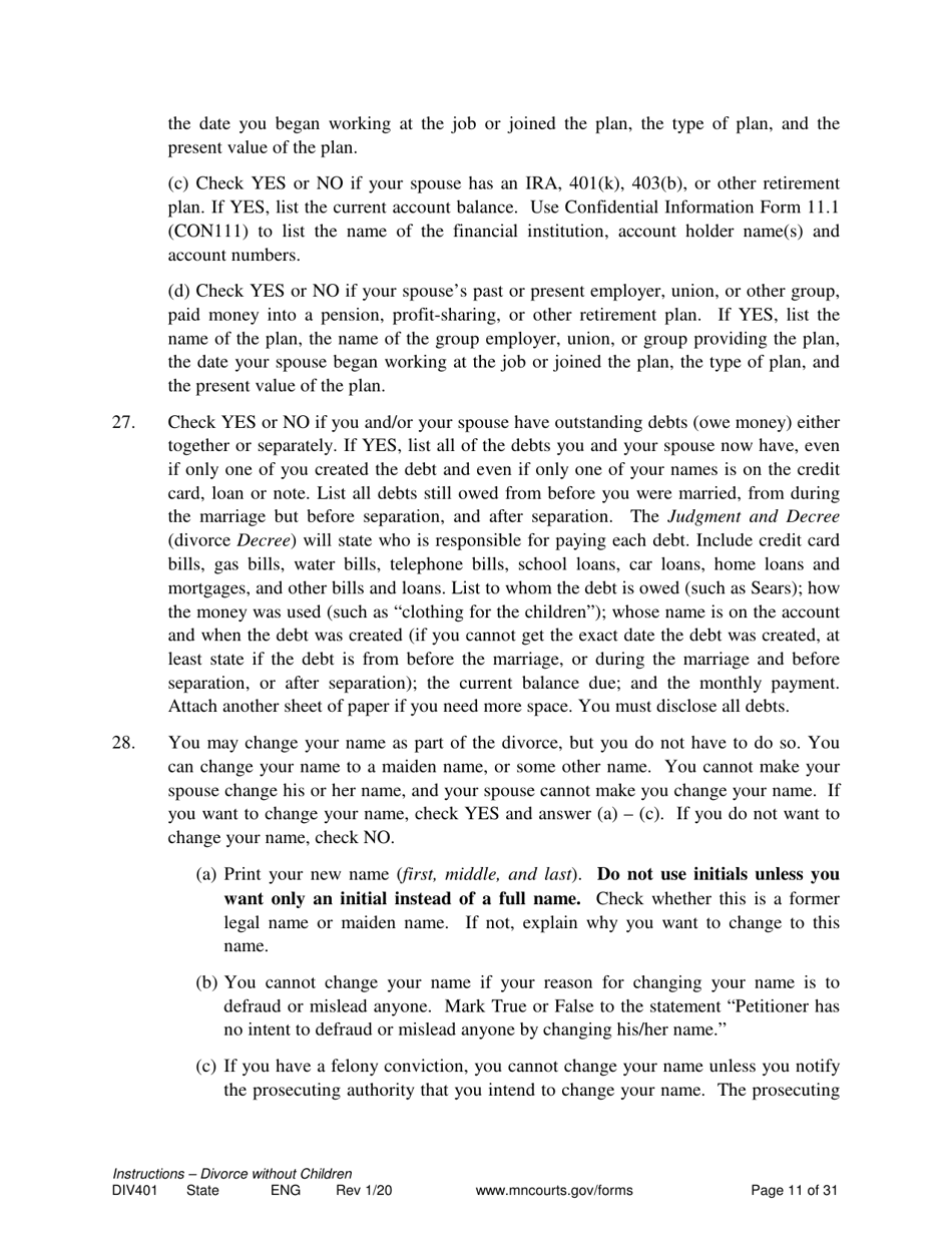 Instructions for Form DIV402 Petition for Dissolution of Marriage Without Children - Minnesota, Page 11