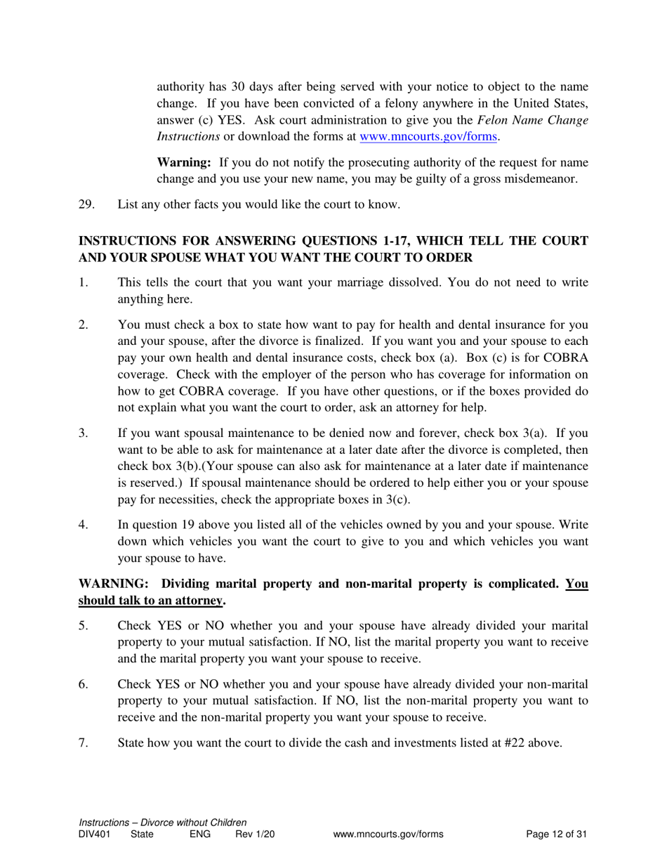 Instructions for Form DIV402 Petition for Dissolution of Marriage Without Children - Minnesota, Page 12