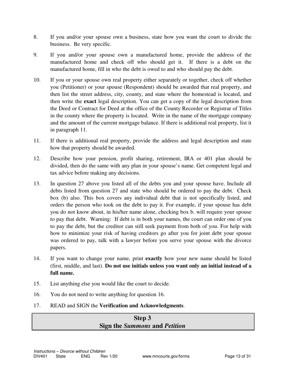 Instructions for Form DIV402 Petition for Dissolution of Marriage Without Children - Minnesota, Page 13