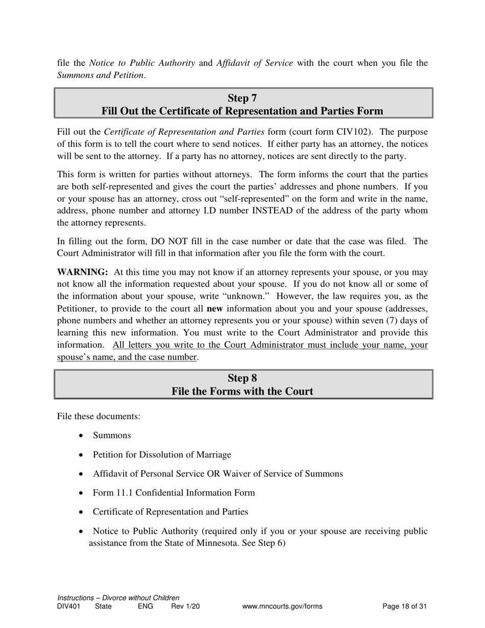Instructions for Form DIV402 Petition for Dissolution of Marriage Without Children - Minnesota, Page 18