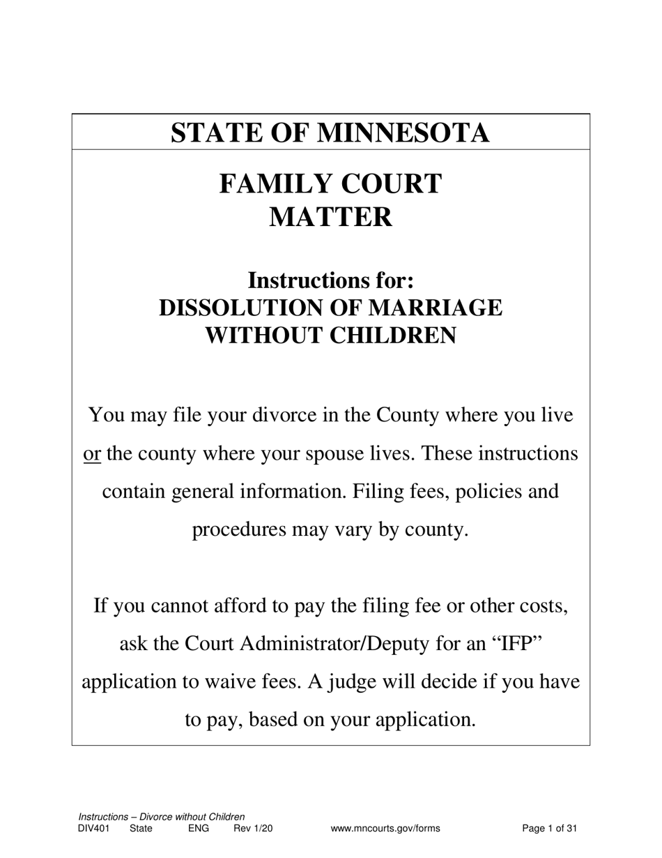 Instructions for Form DIV402 Petition for Dissolution of Marriage Without Children - Minnesota, Page 1