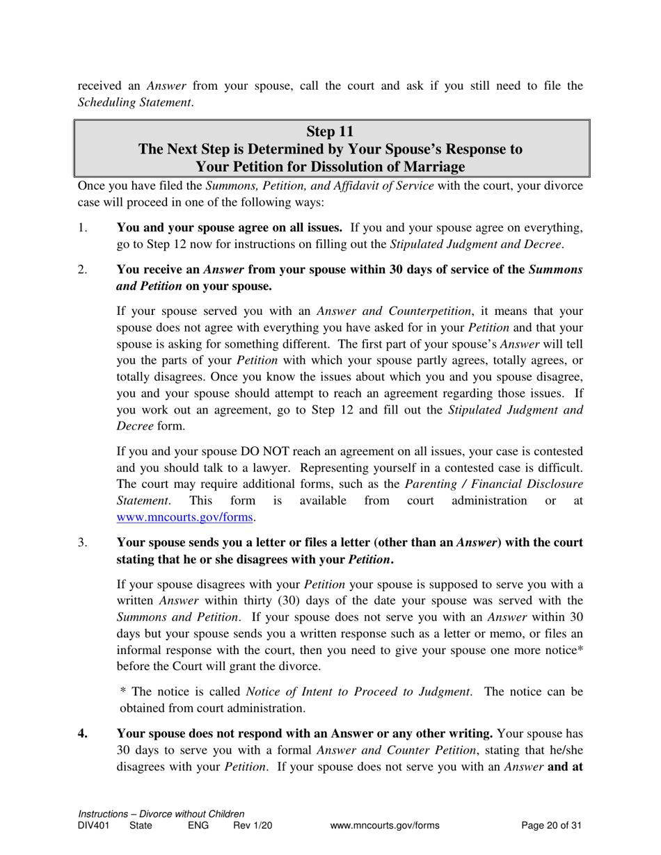 Instructions for Form DIV402 Petition for Dissolution of Marriage Without Children - Minnesota, Page 20