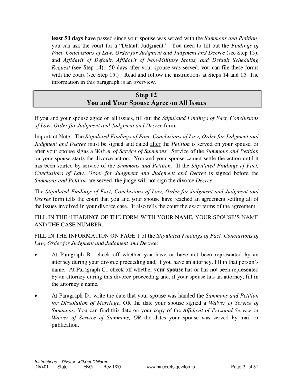 Instructions for Form DIV402 Petition for Dissolution of Marriage Without Children - Minnesota, Page 21