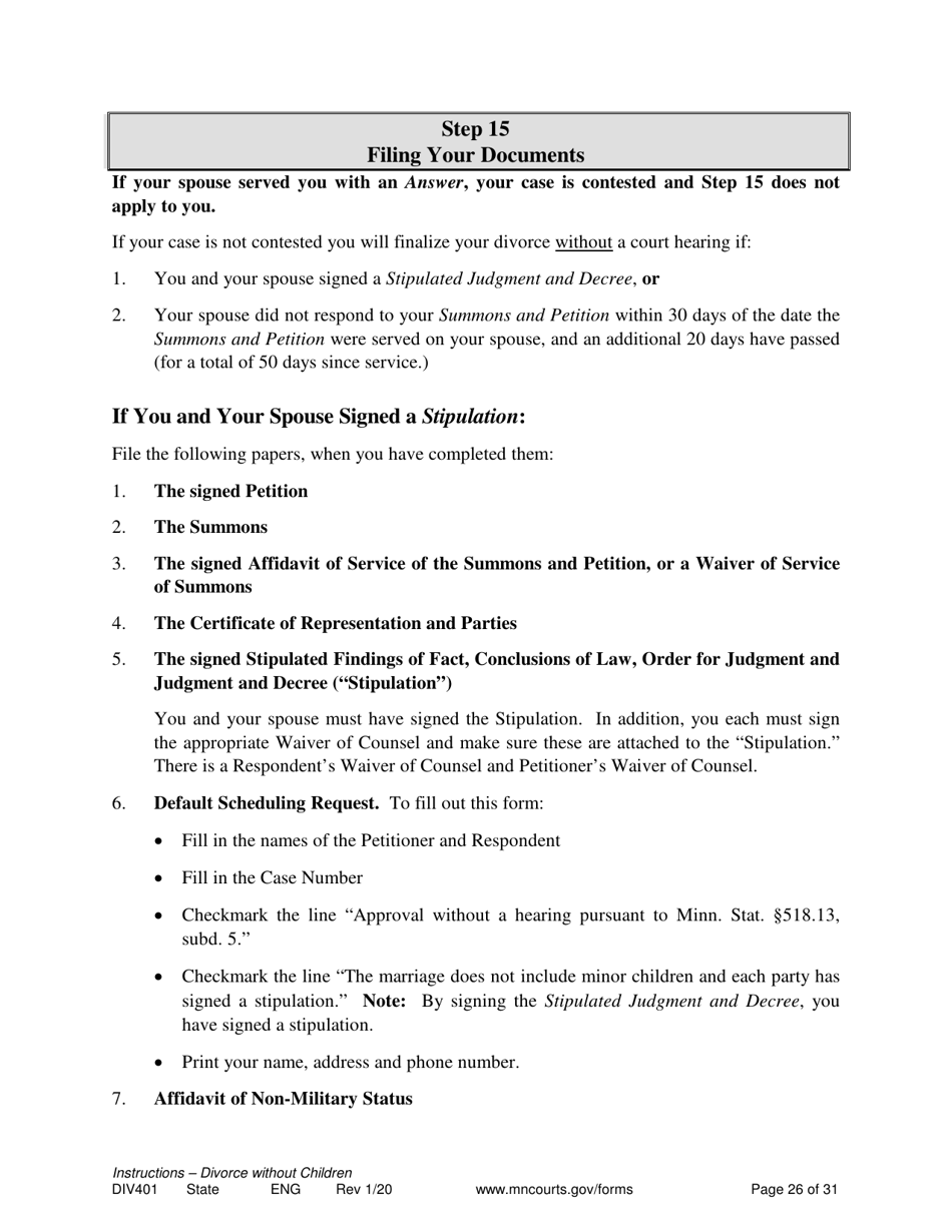 Instructions for Form DIV402 Petition for Dissolution of Marriage Without Children - Minnesota, Page 26