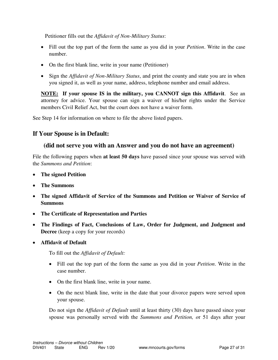 Instructions for Form DIV402 Petition for Dissolution of Marriage Without Children - Minnesota, Page 27