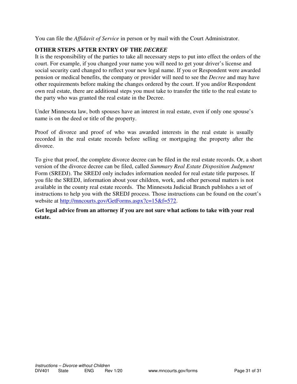 Instructions for Form DIV402 Petition for Dissolution of Marriage Without Children - Minnesota, Page 31