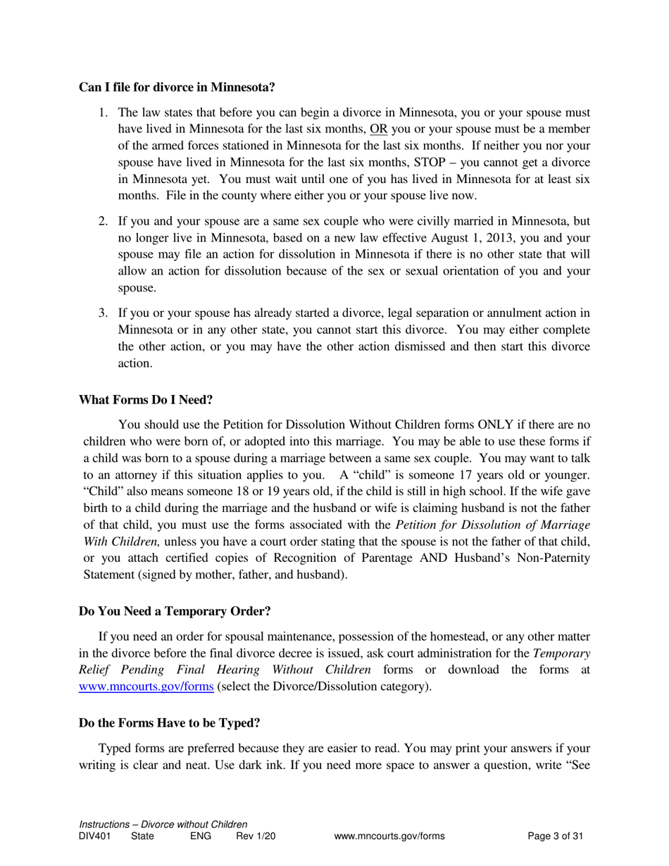 Instructions for Form DIV402 Petition for Dissolution of Marriage Without Children - Minnesota, Page 3
