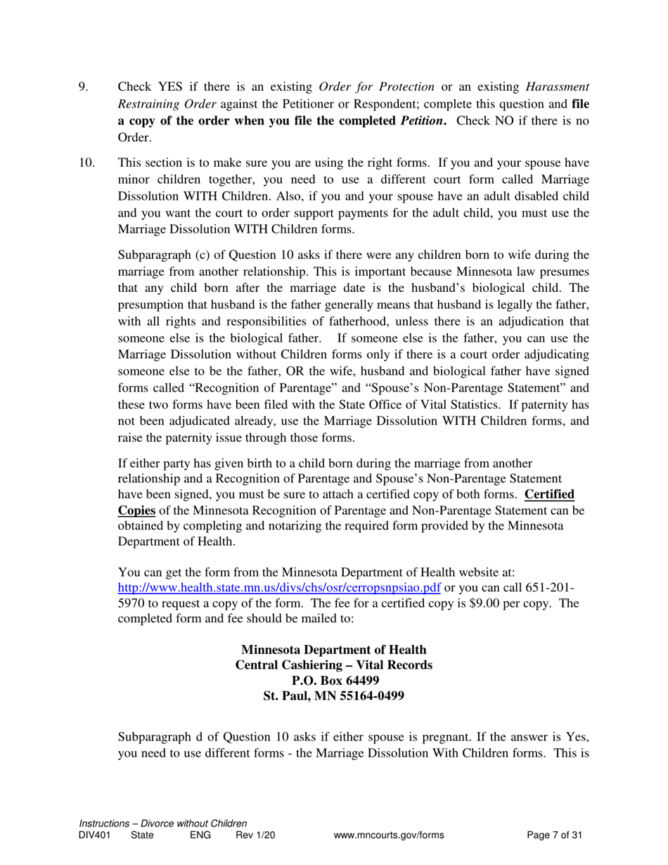 Instructions for Form DIV402 Petition for Dissolution of Marriage Without Children - Minnesota, Page 7