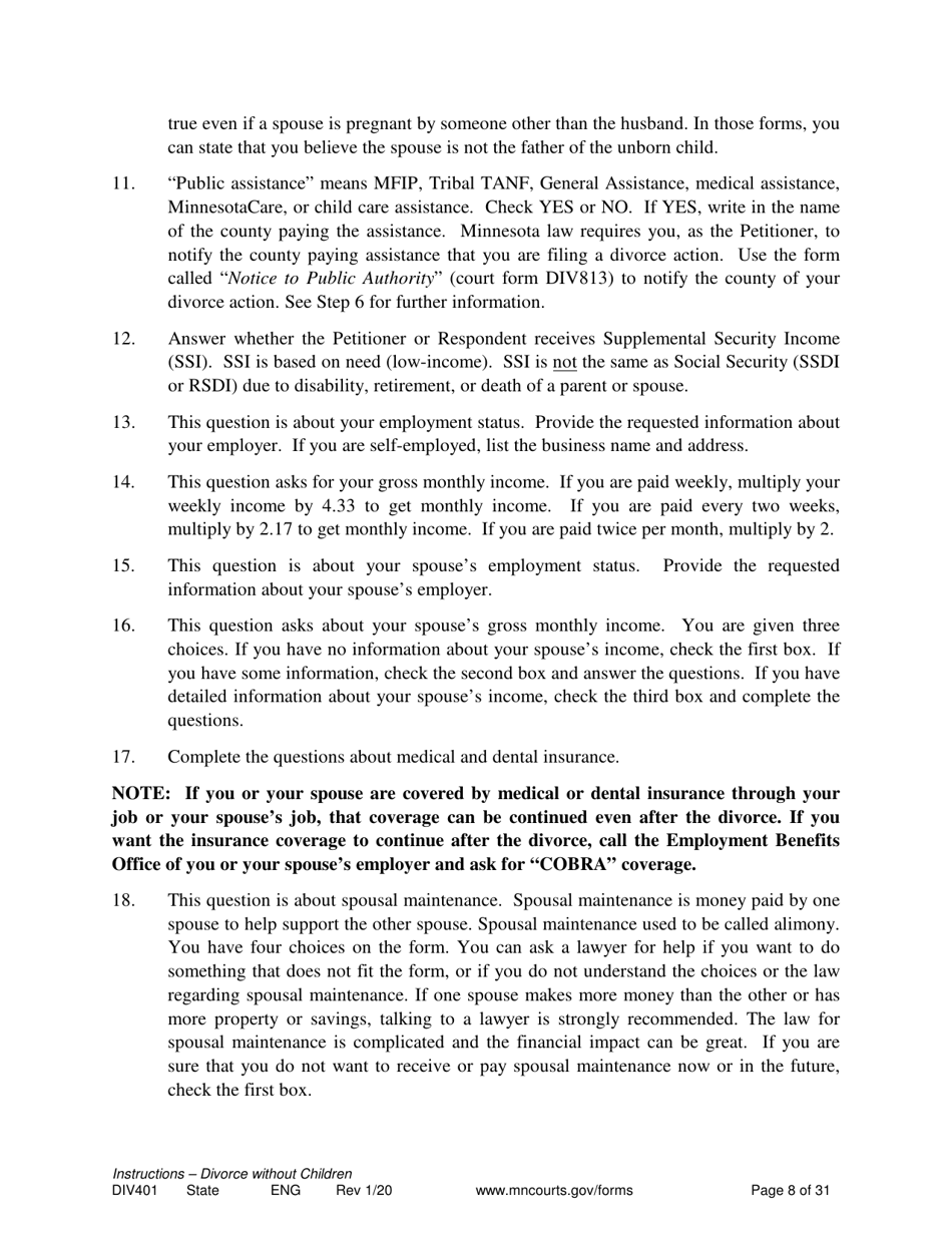 Instructions for Form DIV402 Petition for Dissolution of Marriage Without Children - Minnesota, Page 8