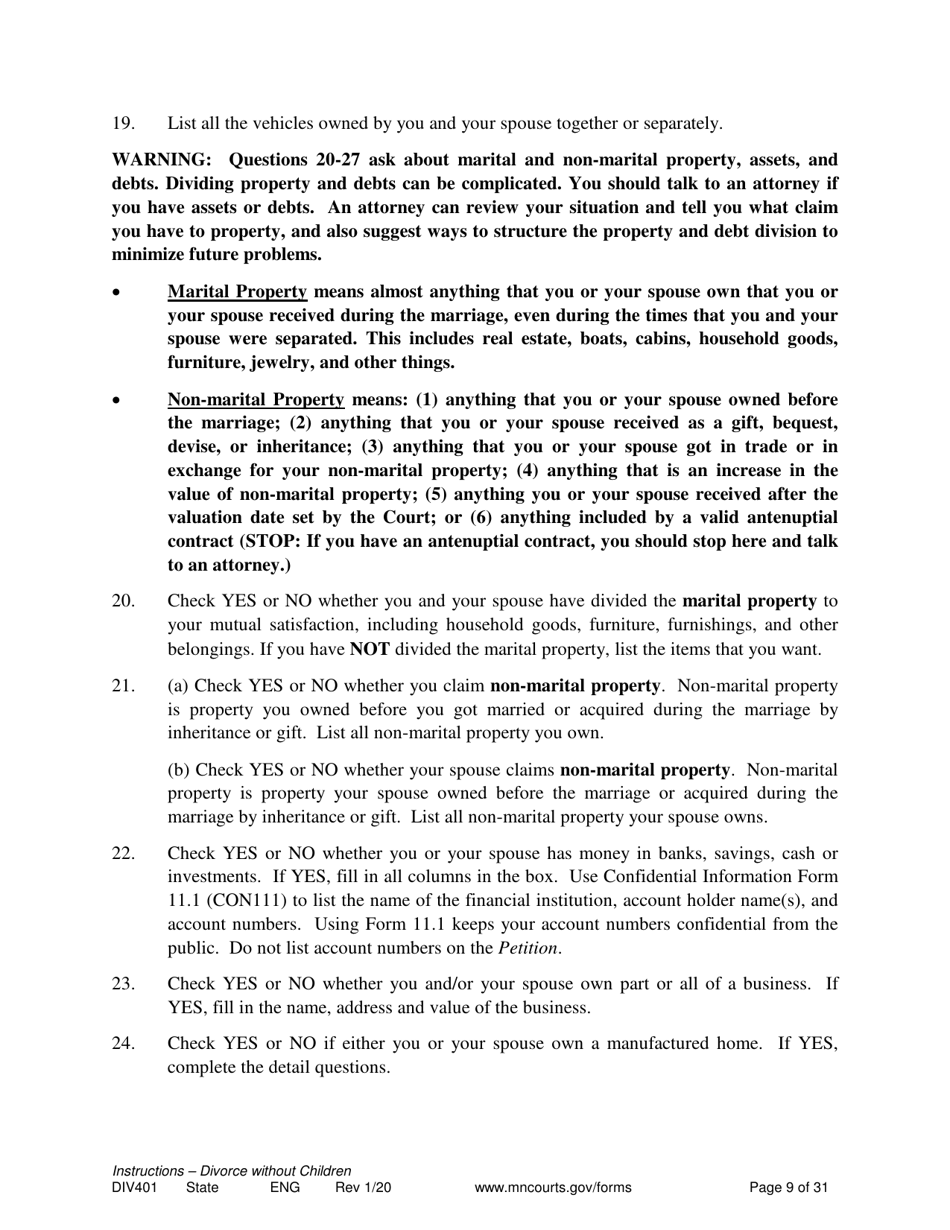 Instructions for Form DIV402 Petition for Dissolution of Marriage Without Children - Minnesota, Page 9
