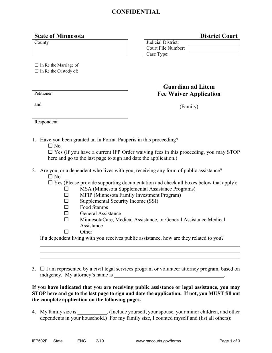 Form IFP502F Guardian Ad Litem Fee Waiver Application (Family) - Minnesota, Page 1