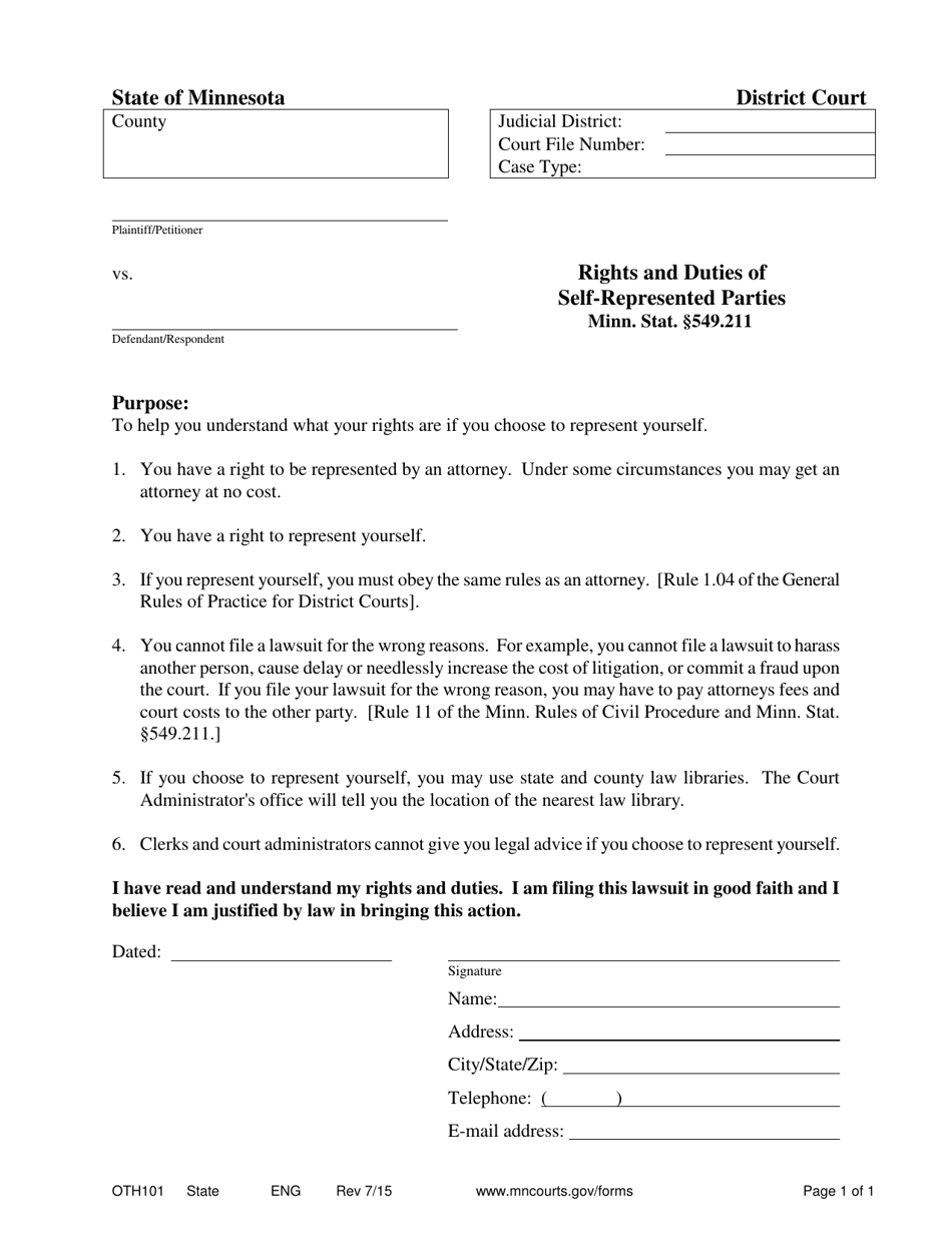 Form OTH101 Rights and Duties of Self-represented Parties - Minnesota, Page 1
