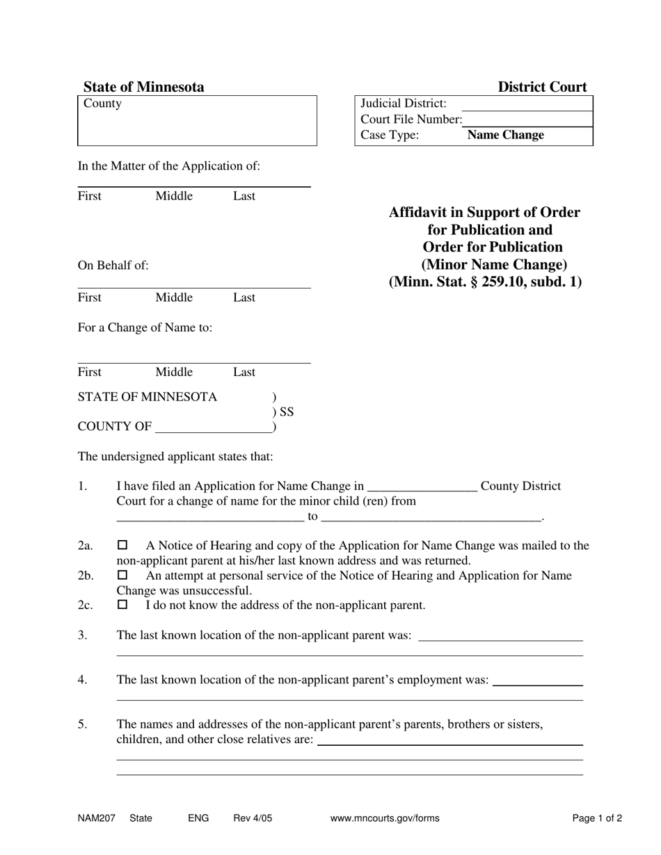 Form NAM207 Affidavit in Support of Order for Publication and Order for Publication (Minor Name Change) - Minnesota, Page 1