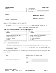 Document preview: Form PRO1003 Affidavit of Mailing - Objection (Probate) - Minnesota