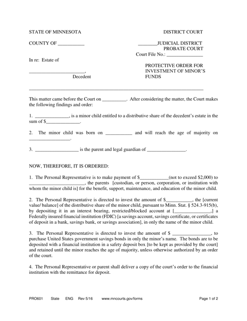 Form PRO601 Protective Order for Investment of Minor's Funds - Minnesota