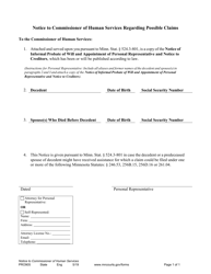 Document preview: Form PRO905 Notice to Commissioner of Human Services Regarding Possible Claims - Minnesota