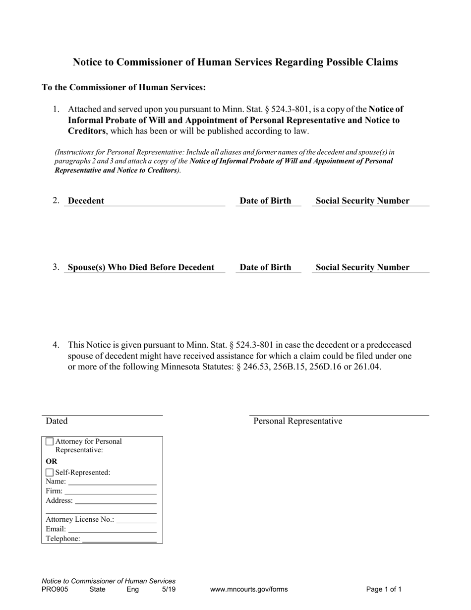 Form PRO905 Notice to Commissioner of Human Services Regarding Possible Claims - Minnesota, Page 1