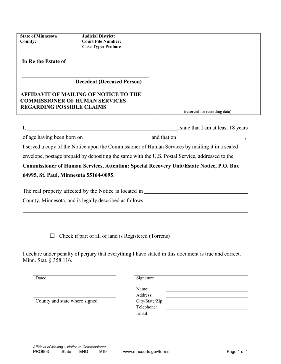 Form PRO903 Affidavit of Mailing of Notice to the Commissioner of Human Services Regarding Possible Claims - Minnesota, Page 1