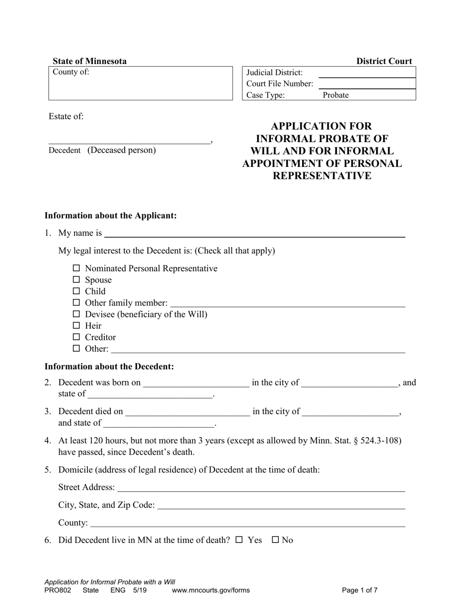 Form PRO802 Application for Informal Probate of Will and for Informal Appointment of Personal Representative - Minnesota, Page 1