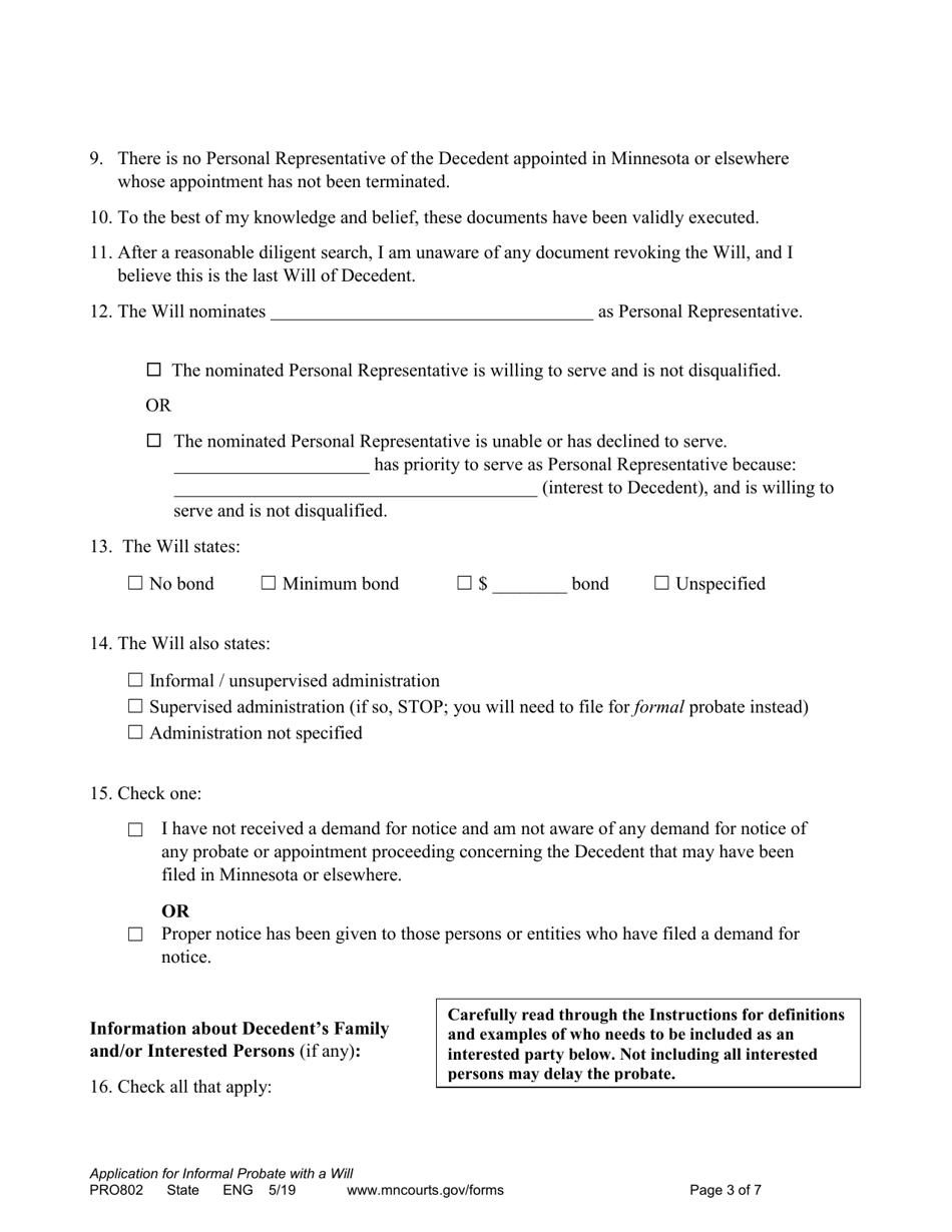 Form PRO802 Application for Informal Probate of Will and for Informal Appointment of Personal Representative - Minnesota, Page 3
