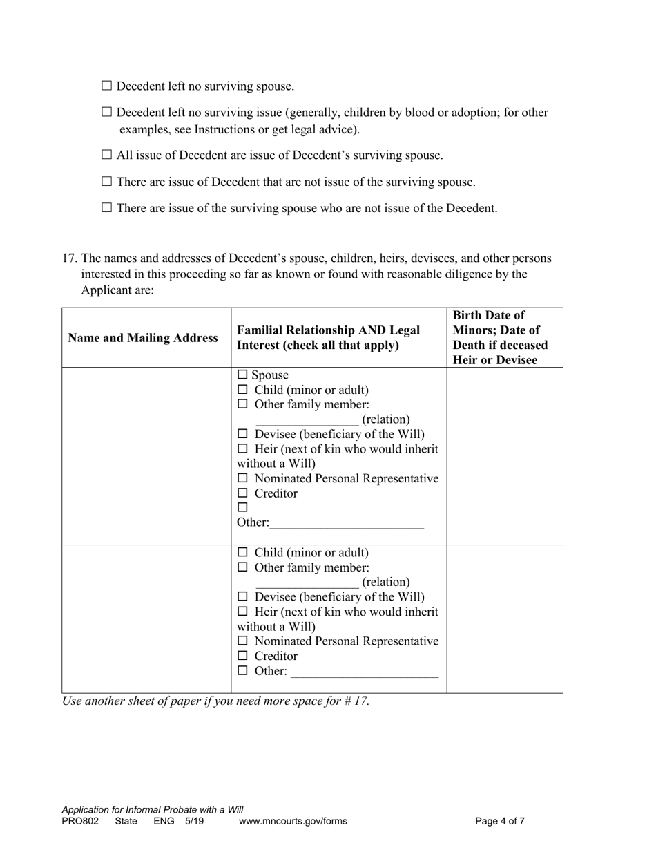 Form PRO802 Application for Informal Probate of Will and for Informal Appointment of Personal Representative - Minnesota, Page 4